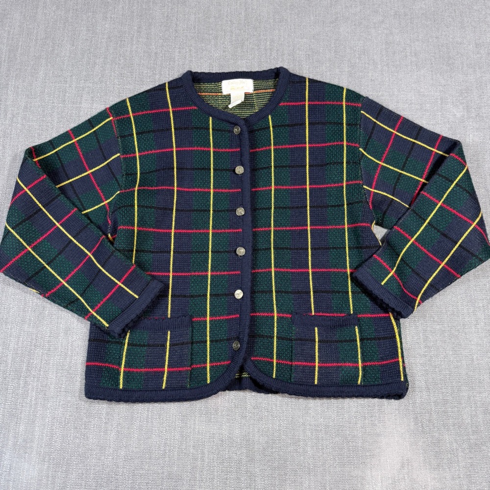 Tally-Ho Vintage Plaid Cardigan Sweater Navy Blue Green Red Yellow Large A2 48